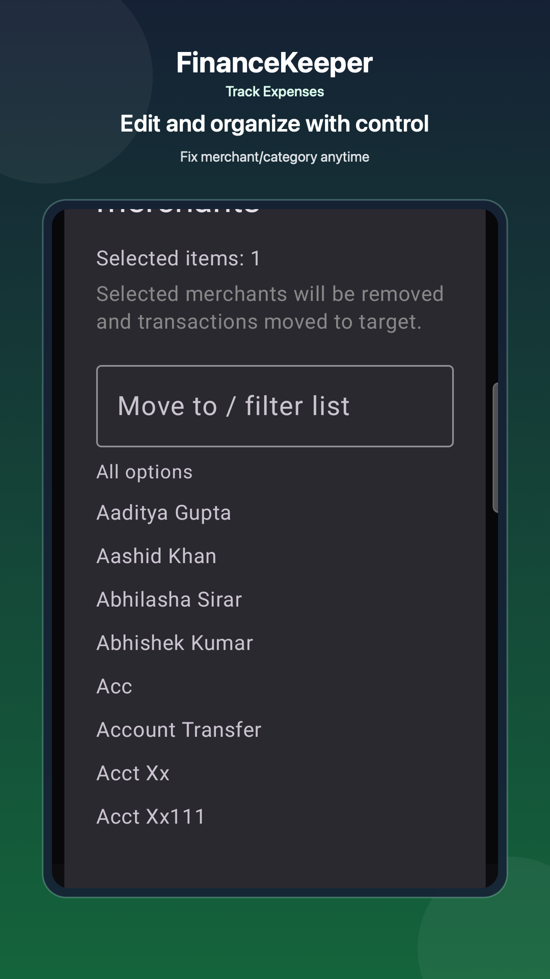 Edit individual transaction